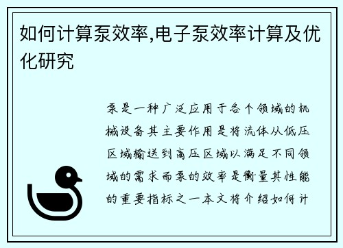如何计算泵效率,电子泵效率计算及优化研究